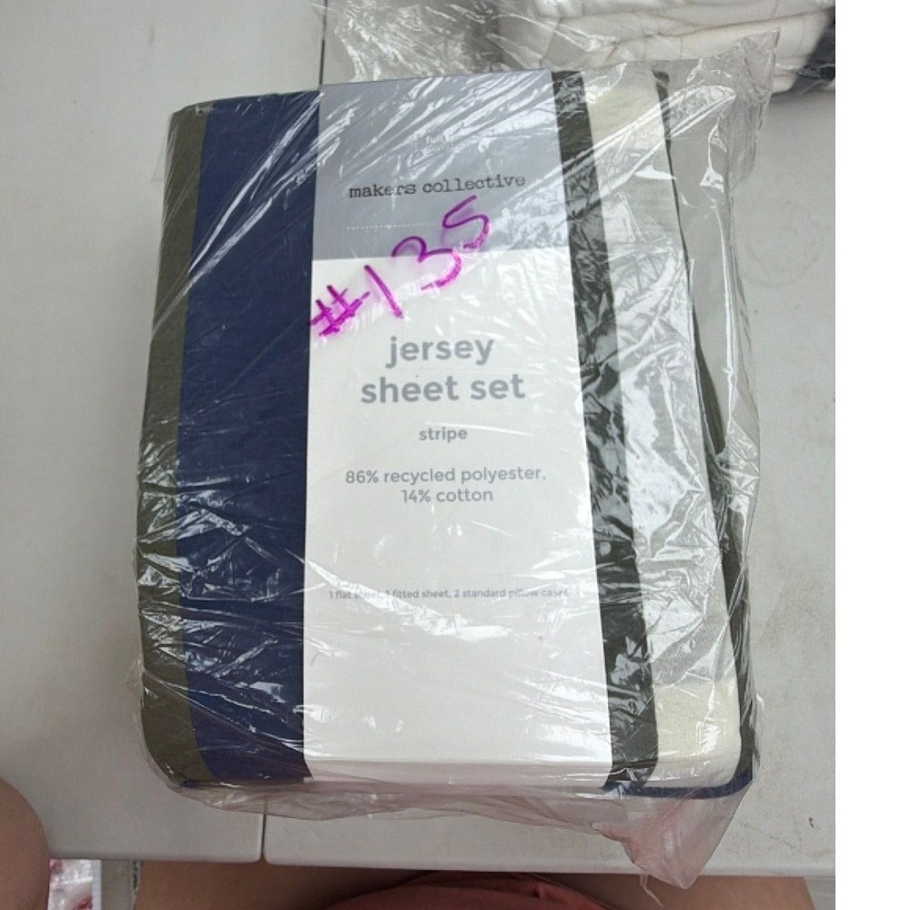 #135 Makers Collective Full Sheet Set Stripe Navy Olive Green 4 Piece Bedding